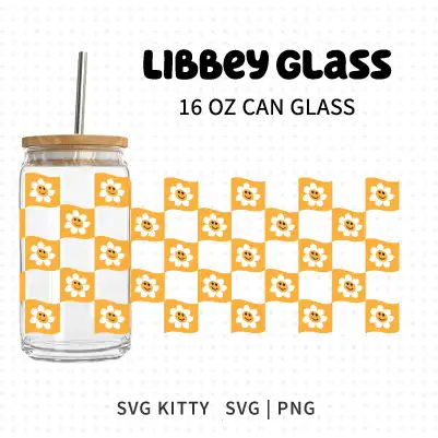 Checkered Daisy Libbey Can Glass Wrap SVG Cut File