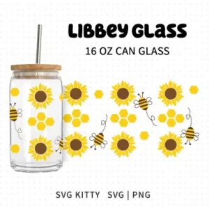Sunflower and Bee Libbey Can Glass Wrap SVG Cut File