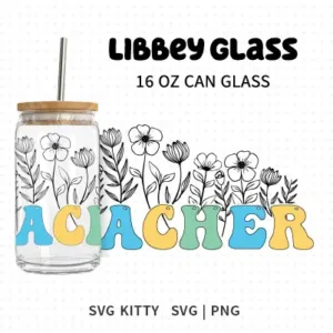 Teacher with Flowers Outline Libbey Can Glass Wrap SVG Cut File