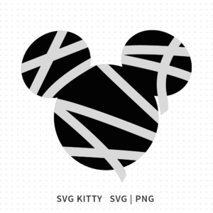 Mickey Mouse mummy SVG cut file with bold white bandage wraps on a black silhouette for Disney Halloween crafts.