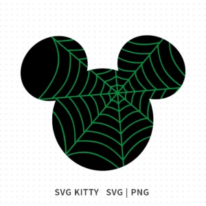 Mickey Mouse spiderweb Halloween SVG cut file with green web pattern across black silhouette for Disney Halloween crafts.