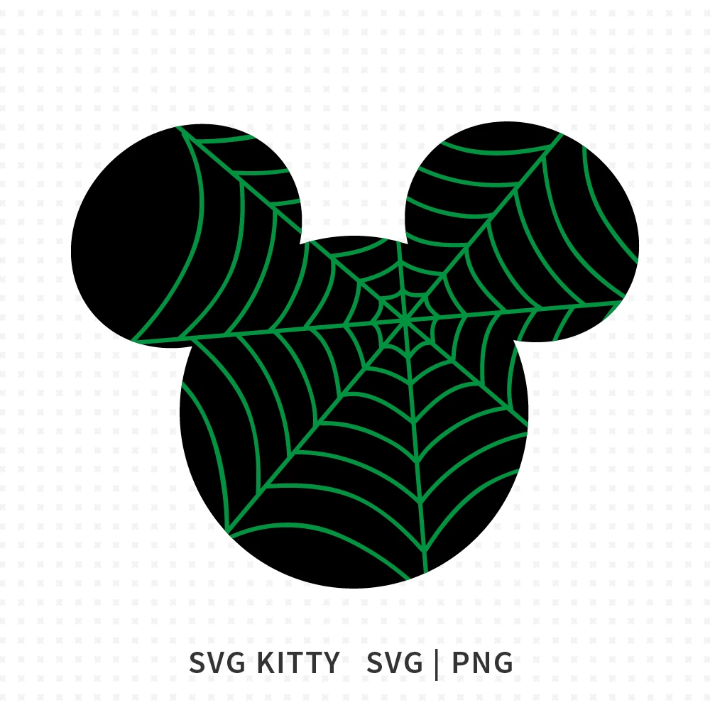 Mickey Mouse spiderweb Halloween SVG cut file with green web pattern across black silhouette for Disney Halloween crafts.