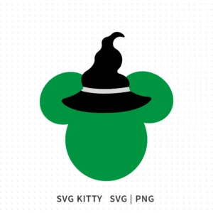 Mickey Mouse witch SVG cut file with green silhouette wearing a black pointed witch hat.