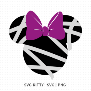Minnie Mouse mummy SVG cut file with purple bow and white bandage wraps across a black silhouette in a Disney Halloween theme.