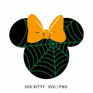 Minnie Mouse spiderweb Halloween SVG cut file with green web design across black silhouette and orange bow.