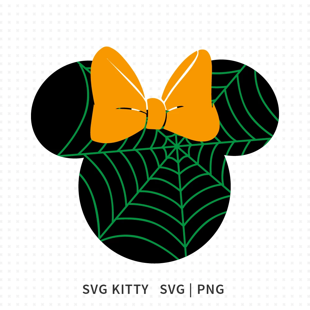 Minnie Mouse spiderweb Halloween SVG cut file with green web design across black silhouette and orange bow.