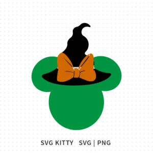 Minnie Mouse witch SVG cut file with green silhouette, black pointed hat, and orange bow detail.