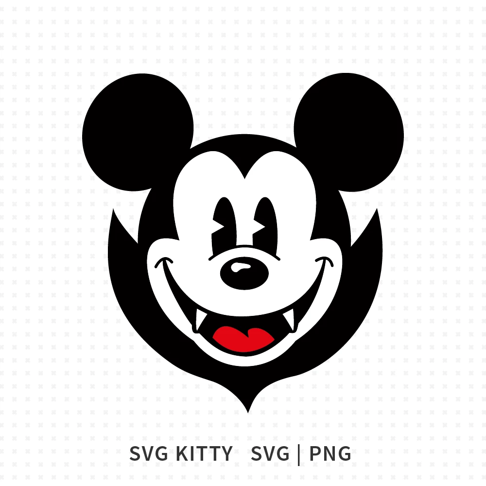 Mickey Mouse vampire Halloween SVG cut file with fangs and smiling face, designed for Cricut and Silhouette Disney Halloween crafts.