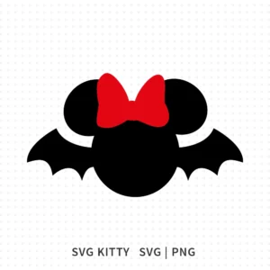 Minnie bat Halloween SVG cut file with red bow and bat wings, designed for Cricut and Silhouette Disney Halloween crafts.