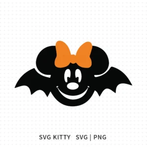 Minnie Mouse bat Halloween SVG cut file with orange bow, smiling face, and bat wings, designed for Cricut and Silhouette Disney Halloween crafts.