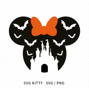 Disney castle Halloween SVG cut file with bats and orange bow, designed for Cricut and Silhouette Disney Halloween crafts.