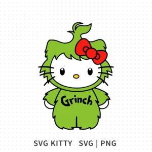 Hello Kitty Grinch SVG featuring Hello Kitty dressed in a green Grinch costume with a red bow, crafted in bold outlines and smooth shapes for cutting machines.