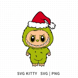 Labubu Grinch SVG showing a cute green monster in a furry suit and red Santa hat standing upright, kawaii grinch Christmas character illustration.