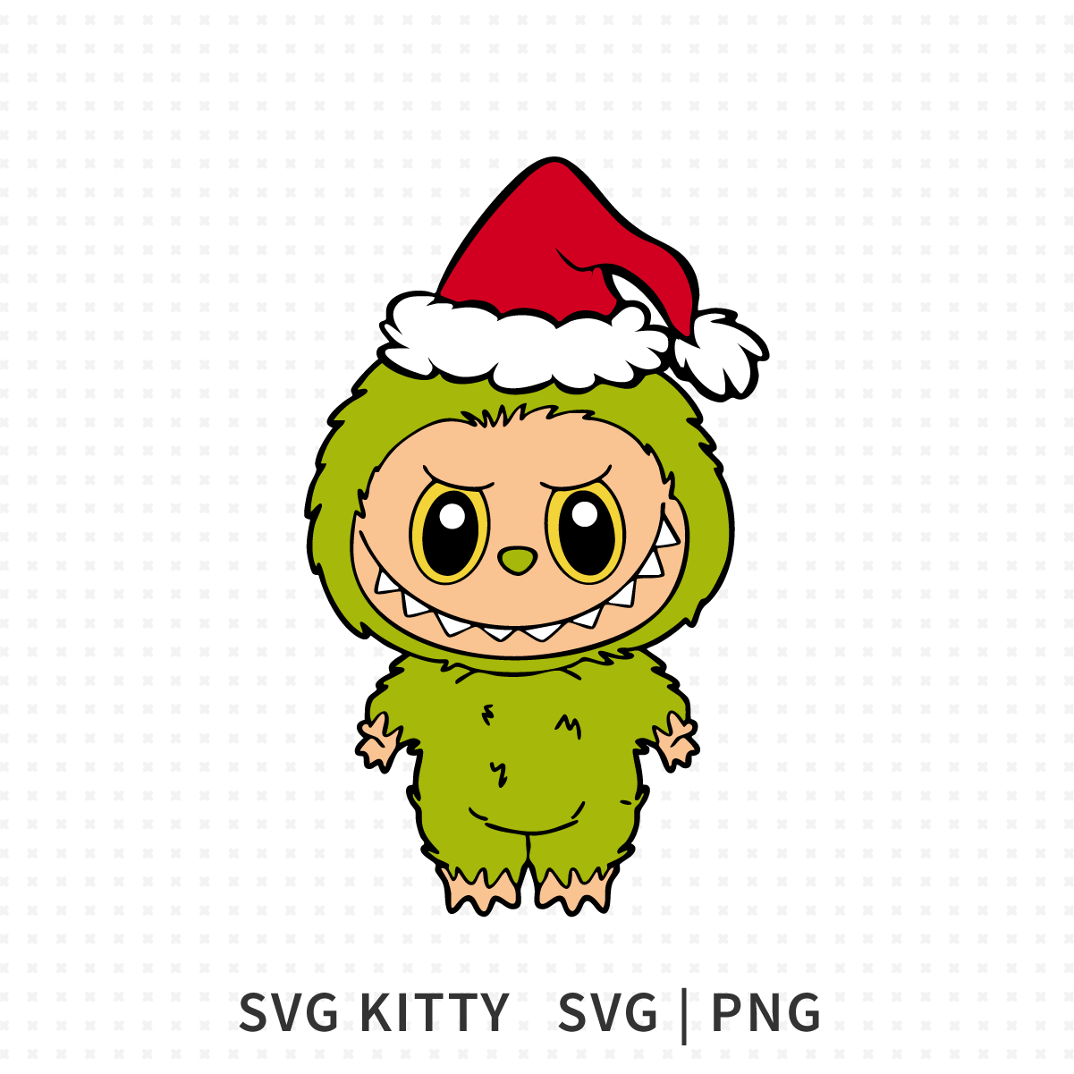 Labubu Grinch SVG showing a cute green monster in a furry suit and red Santa hat standing upright, kawaii grinch Christmas character illustration.