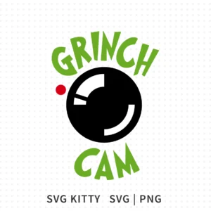 Grinch Cam SVG Design with green lettering and a bold black camera lens icon in a simple holiday style.