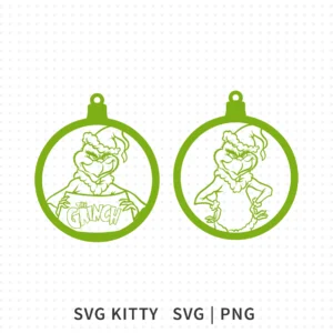Green line-art Grinch Christmas Ornament SVG illustrations inside round ornament shapes designed as a two-piece Christmas SVG set.