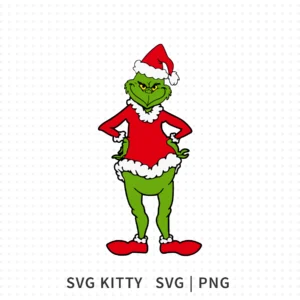 Full-body illustration of the Grinch Christmas SVG character wearing a red and white Santa hat and suit.