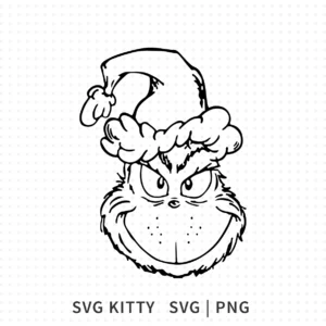 Grinch Face Sketch SVG showing a hand-drawn Grinch face wearing a Santa hat in detailed black outline.