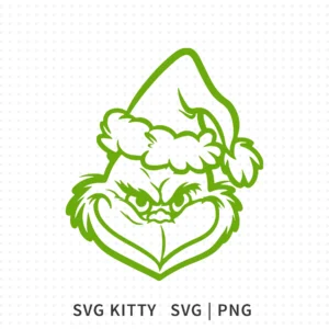 Grinch Face SVG featuring bold green outline of the classic Grinch expression wearing a Santa hat.