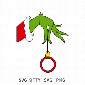 Grinch Hand Holding Christmas Ornament SVG with green Grinch hand in Santa sleeve lifting a simple round ornament.