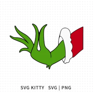 Grinch Hand Stealing Ornament SVG showing a green Grinch hand in a Santa sleeve reaching toward a hanging Christmas ornament.