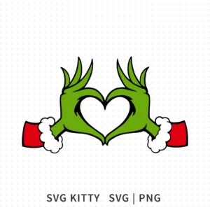 Grinch Heart Hands SVG showing two green Grinch hands in Santa sleeves forming a heart shape for Christmas crafting.