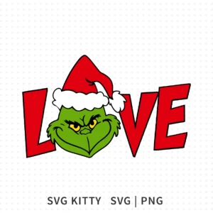 Grinch Love Christmas SVG showing the Grinch face inside the word LOVE with a Santa hat.