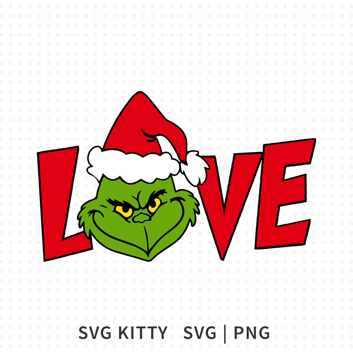 Grinch Love Christmas SVG showing the Grinch face inside the word LOVE with a Santa hat.
