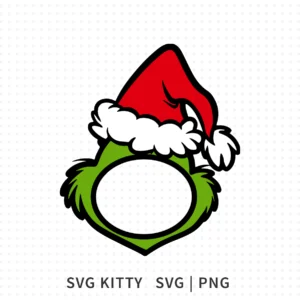 Grinch Monogram SVG with Santa hat and circular open center for initials or customized text.