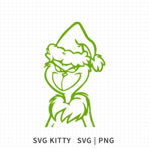 Grinch Santa Hat Outline SVG showing a line art Grinch face wearing a Santa hat for Christmas shirts, signs and vinyl crafts.