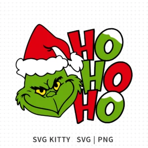 Ho Ho Ho Grinch SVG design showing the Grinch face in a Santa hat beside stacked red and green Ho Ho Ho letters for Christmas crafts.