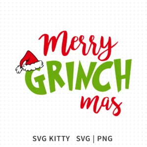 Merry Grinchmas Christmas SVG featuring bold text with a Santa hat on top of the design.