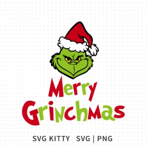 Merry Grinchmas Grinch SVG showing the Grinch in a Santa hat with Merry Grinchmas text in red and green.
