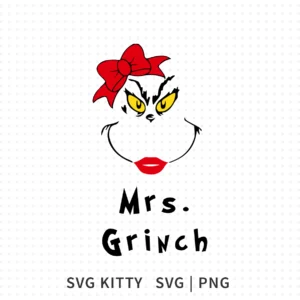 Mrs Grinch SVG showing a feminine Grinch face with yellow eyes, red lips and a red bow in a simple cut friendly style.