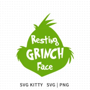 Solid green Grinch silhouette with playful “Resting Grinch Face” text integrated into the head shape, designed as an SVG cut file for holiday crafting.