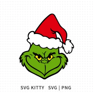 Smiling Grinch Face SVG cut file featuring a mischievous Grinch expression with a red Santa hat, bold outlines, and bright yellow eyes for Christmas crafting projects.